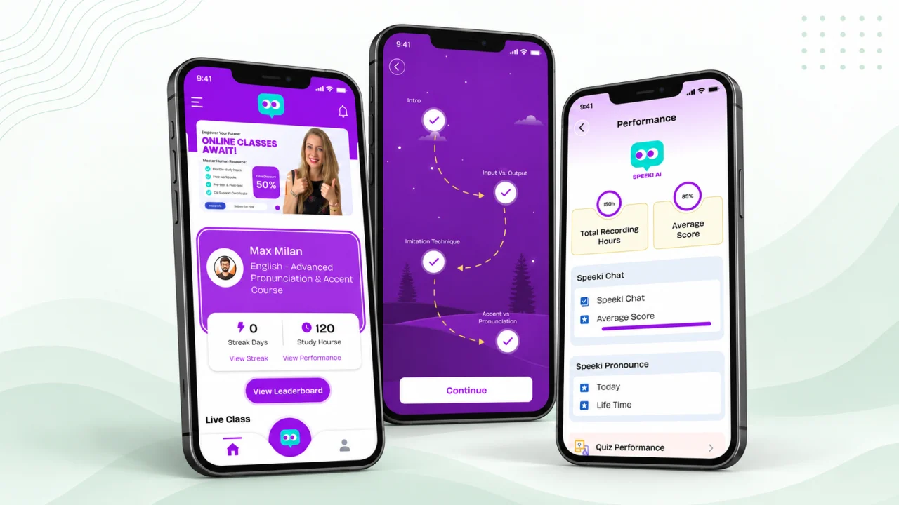 Speeki AI course, learning path and performance screens