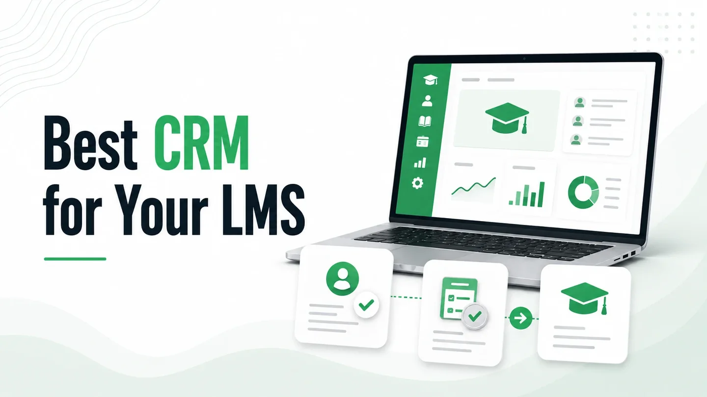 CRM and LMS dashboard on a laptop with connected enquiry, admission, and learner cards