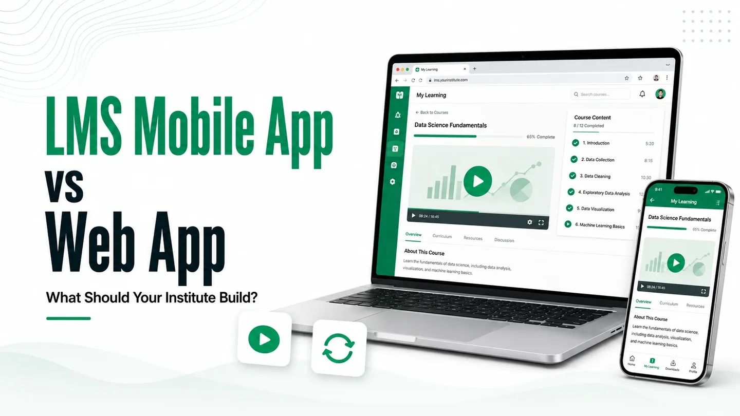 LMS mobile app and web app shown on a smartphone and laptop with connected learning features