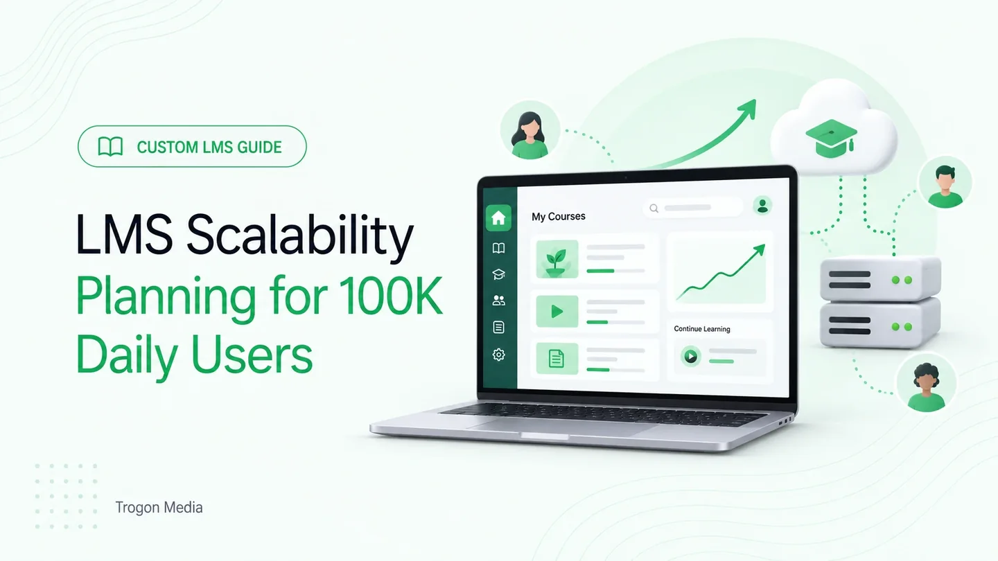LMS Scalability: Planning for 100K Daily Users in regular-weight text beside a green learning dashboard, cloud, servers and student avatars