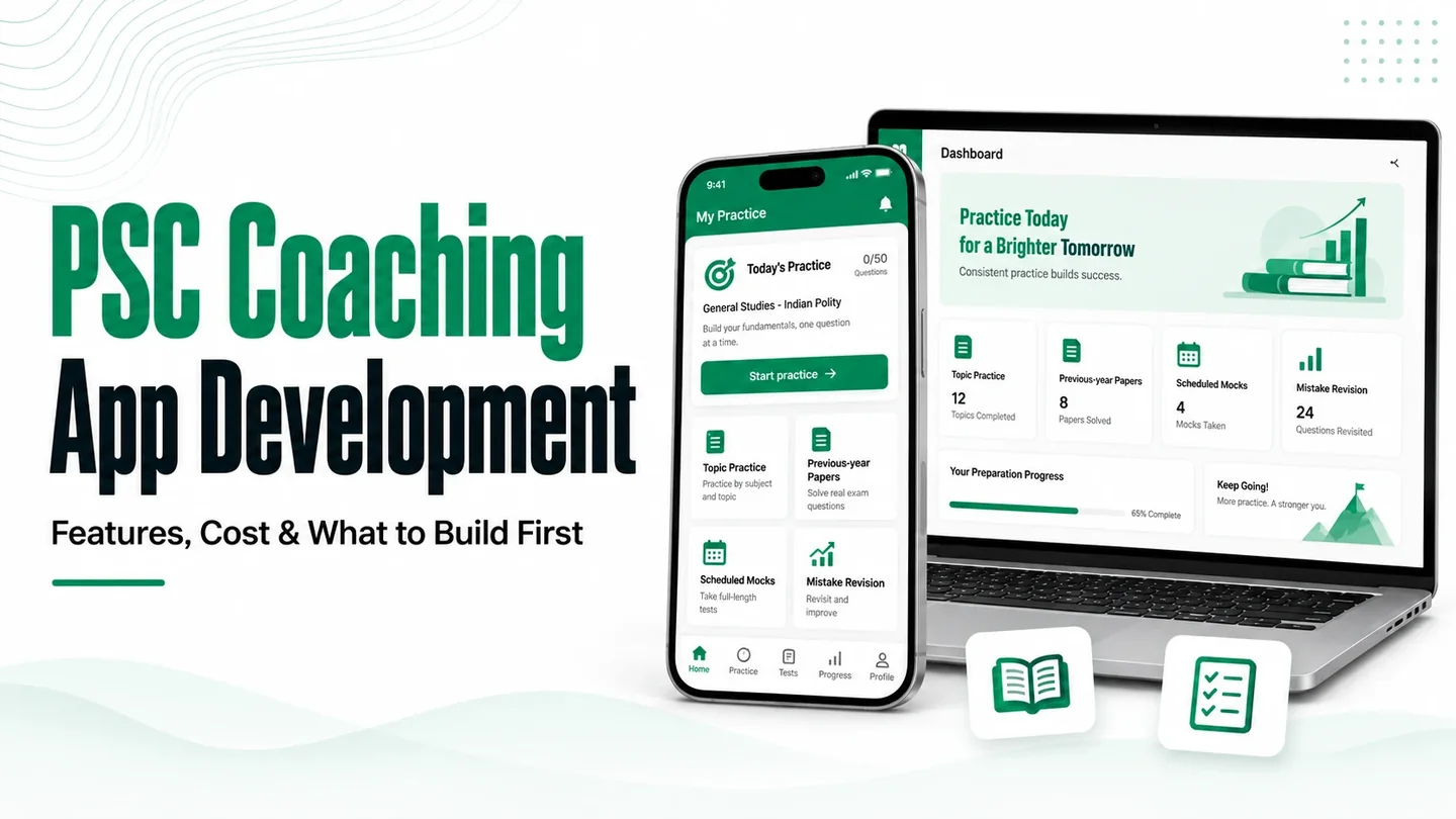 PSC coaching app practice dashboard on a smartphone and laptop with topic practice, previous-year papers, scheduled mocks, and mistake revision