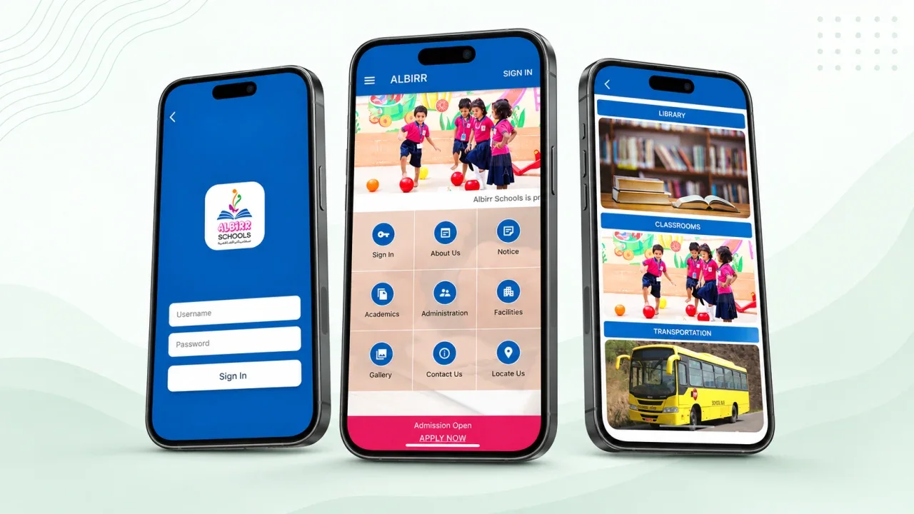 Albirr Schools app login, home and facilities screens